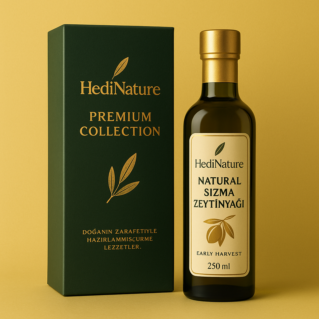 HediNature Premium Collection   Doğanın zarafetiyle hazırlanmış gurme lezzetler.  Soğuk sıkım erken hasat zeytinlerden, özel kutusunda.  250 ml – 600 TL